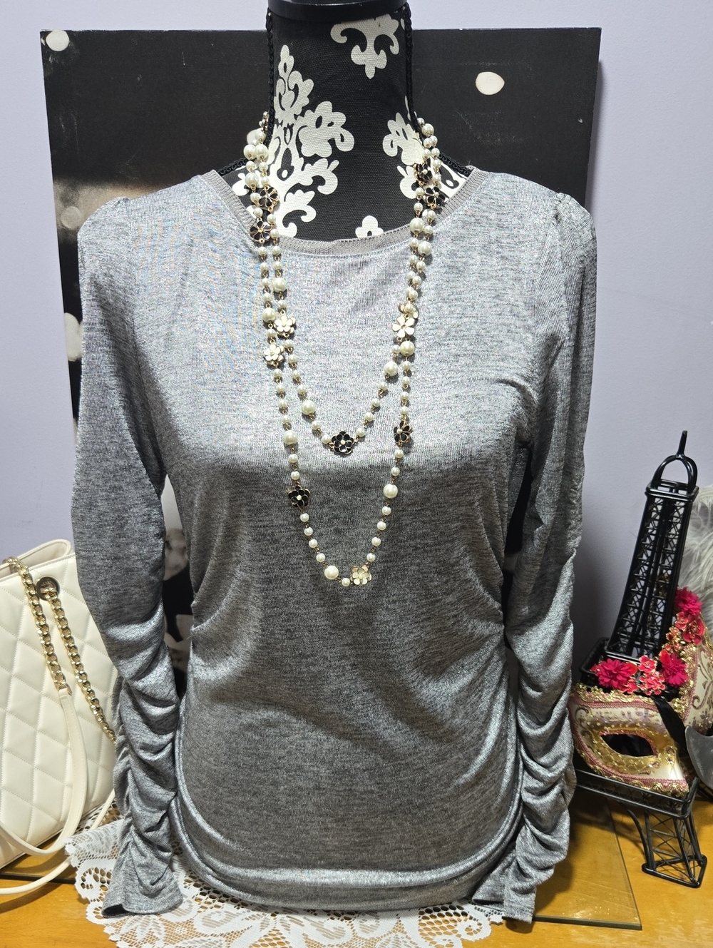 White House Black Market Heather Gray Ruched-Sleeve Long Sleeve Top